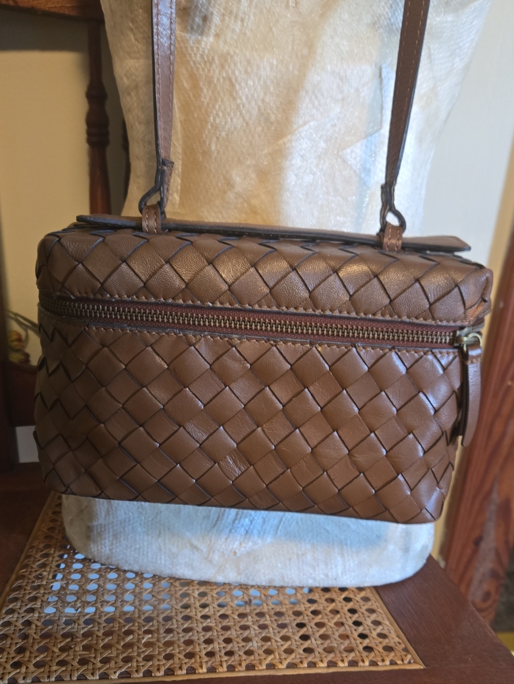 Woven Leather Crossbody Bag - Brown